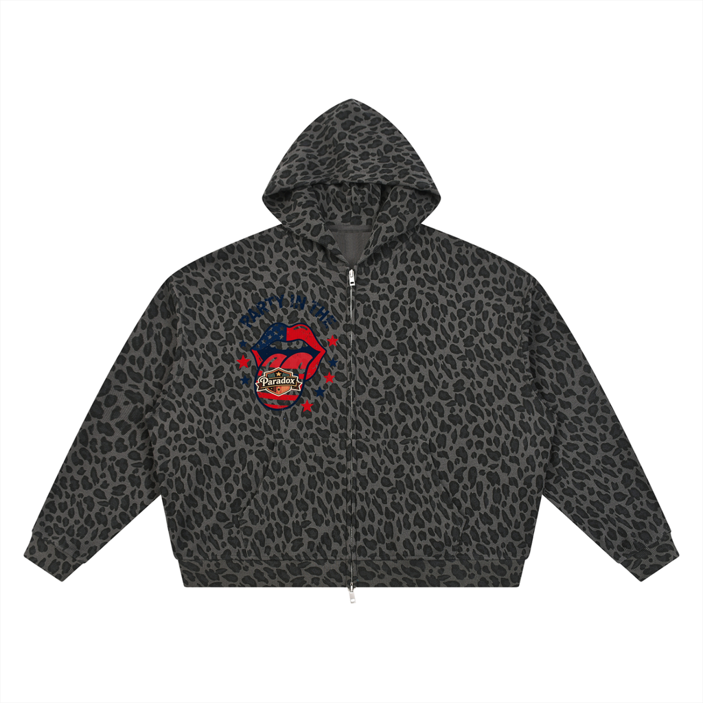 Unisex Leopard Print Waffle Full Zip Hoodie